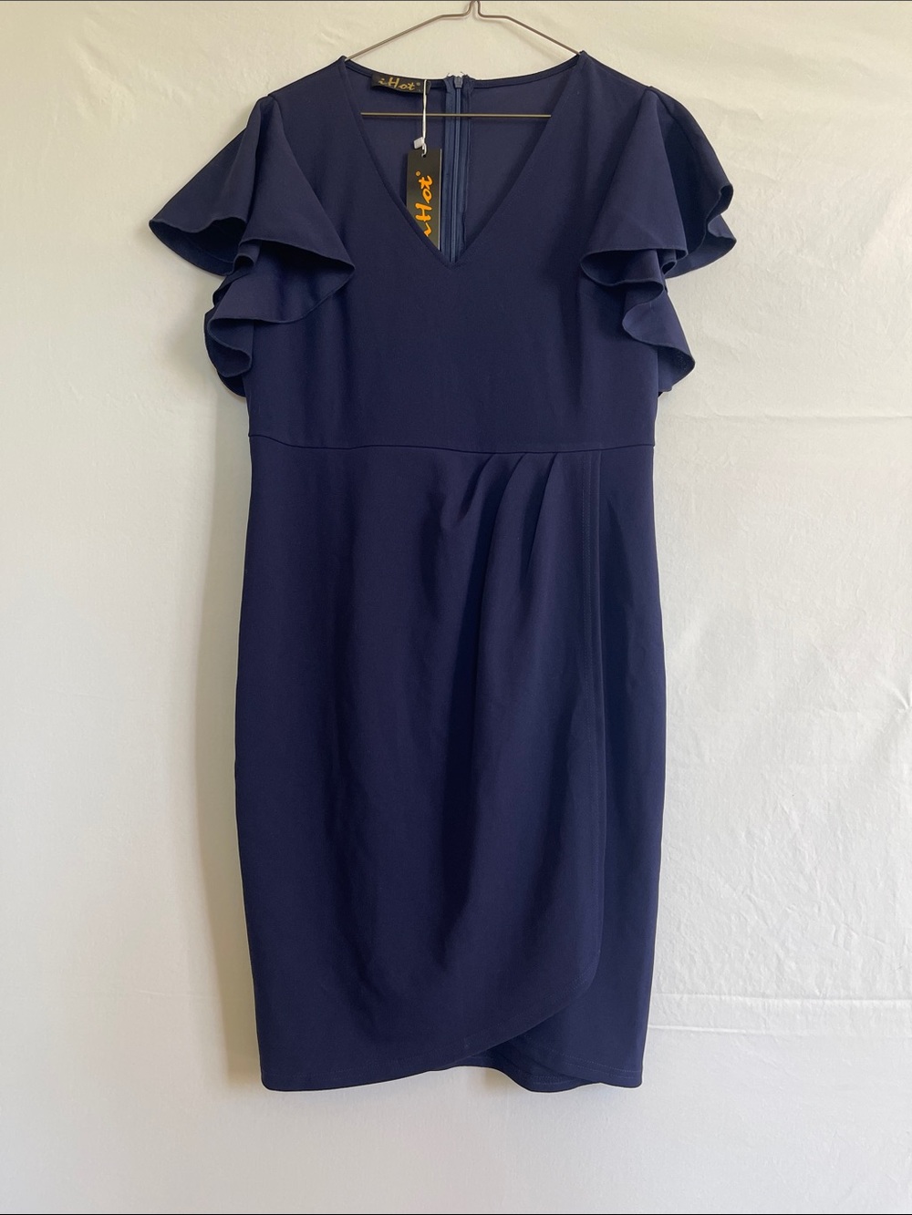 Classic Navy V-Neck Midi Dress with Ruffle Sleeves